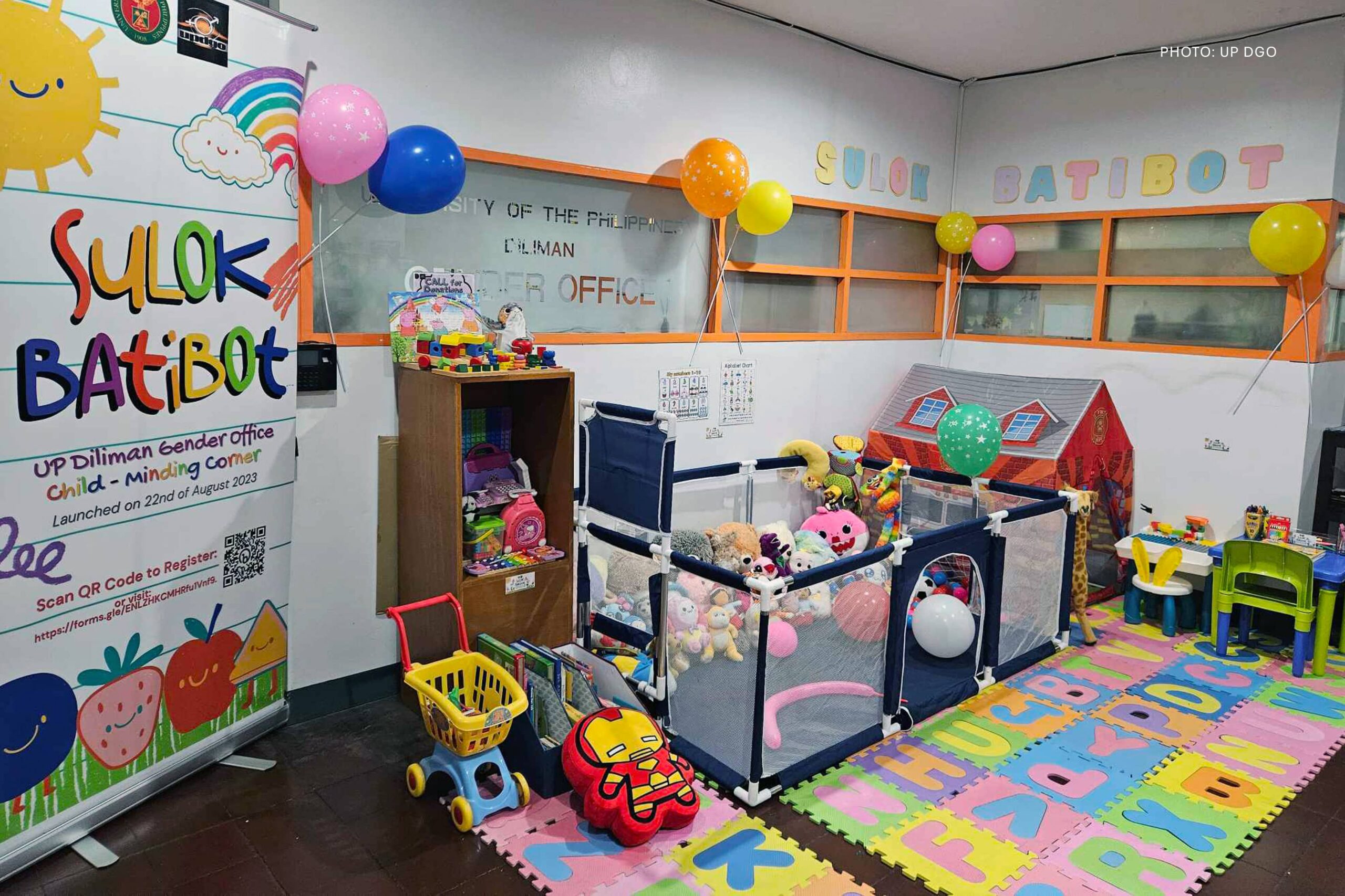 The UP Diliman Gender Office launched the "Sulok Batibot" project on August 22, introducing a childminding corner at Benton Hall on campus. Photo: UP DGO